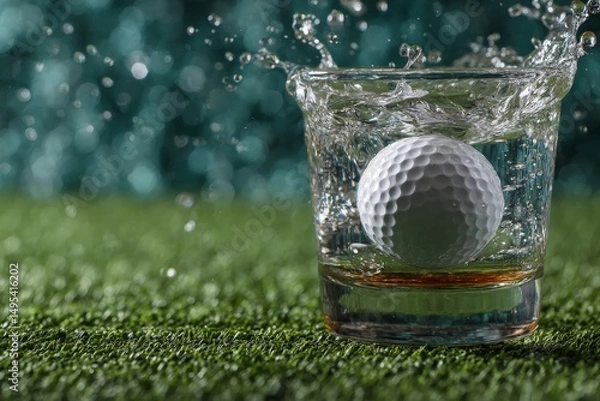 Fototapeta Golf ball splashes into a glass of whiskey on the grass in a unique display of sport and relaxation