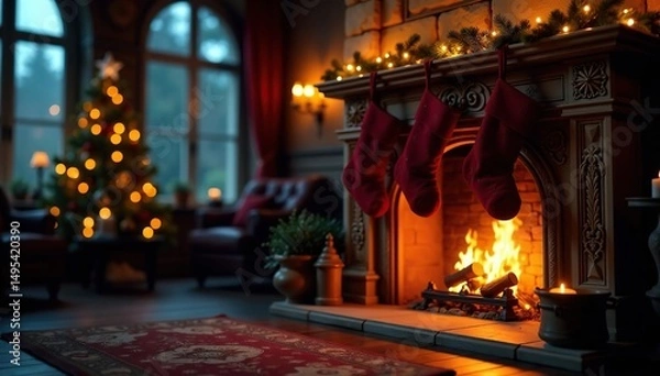 Obraz Ornate fireplace with glowing embers and stockings , stockings, fireside, warmth