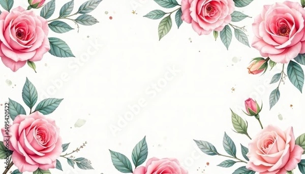 Obraz Delicate watercolor roses & leaves, repeating pattern, repeat pattern, floral seamless pattern