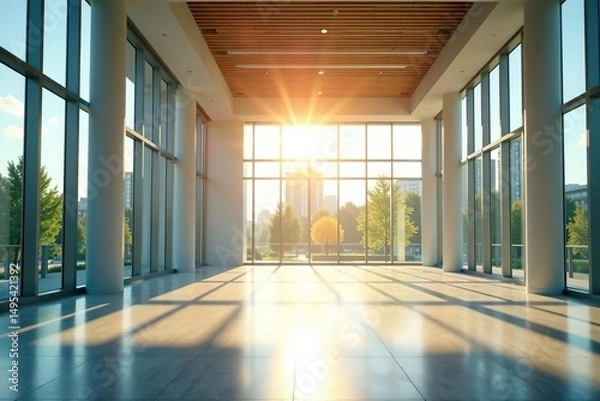 Obraz Sunlit modern building interior, showcasing large windows, aesthetic, white