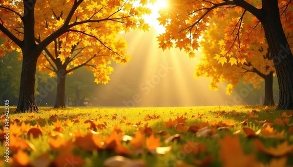 Obraz Sunlit yellow field with scattered fall leaves, leaves, background