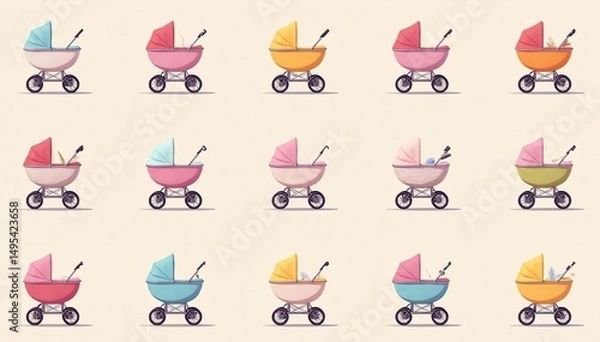 Obraz Pastel colored strollers, repeating pattern on light background, carriage, pastel