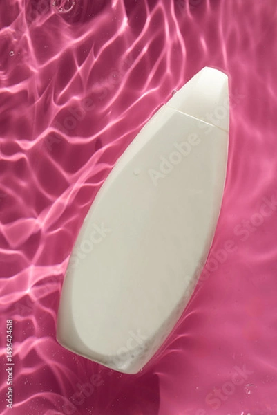 Obraz Blank dispenser bottle of cosmetics in water on pink background view from above. Copy space