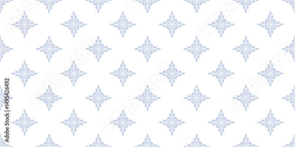 Fototapeta Elegant geometric floral ornament. Simple seamless pattern in damask, oriental style, with abstract flower silhouettes, foliage, tiles. Subtle blue and white background. Repeating delicate geo design