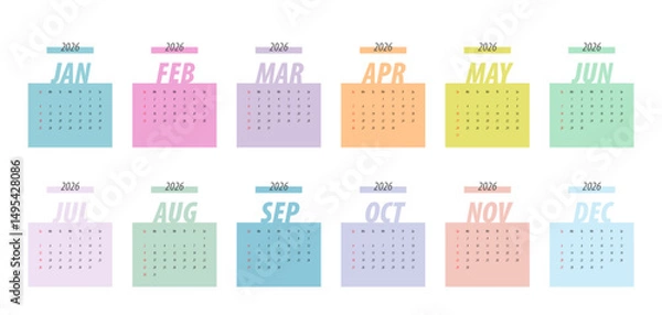 Fototapeta 2026 Calendar Template. Week starts on Monday. Replaceable text. Portrait resolution