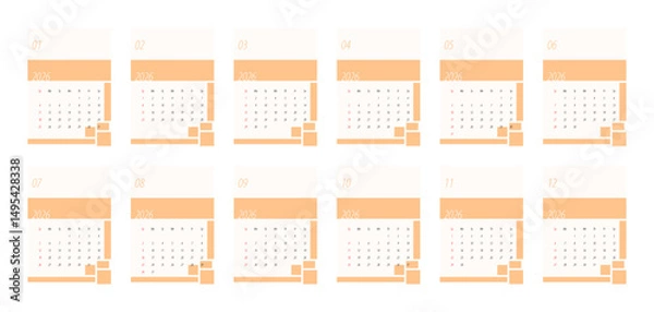 Fototapeta 2026 Calendar Template. Week starts on Monday. Replaceable text. Portrait resolution