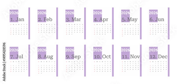 Fototapeta 2026 Calendar Template. Week starts on Monday. Replaceable text. Portrait resolution