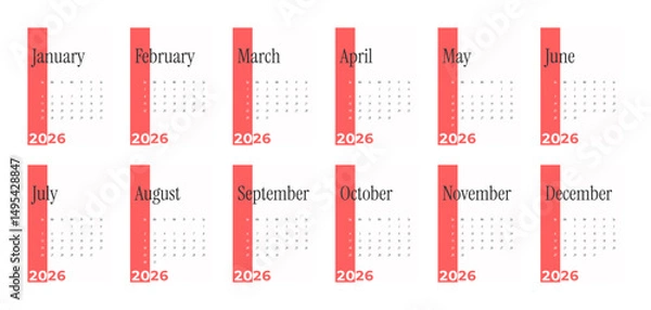 Fototapeta 2026 Calendar Template. Week starts on Monday. Replaceable text. Portrait resolution