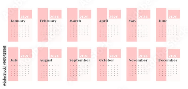 Fototapeta 2026 Calendar Template. Week starts on Monday. Replaceable text. Portrait resolution