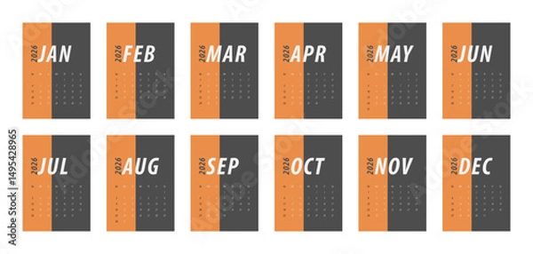 Fototapeta 2026 Calendar Template. Week starts on Monday. Replaceable text. Portrait resolution