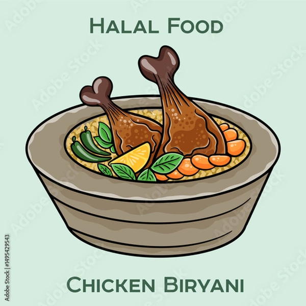 Obraz Chicken Biryani Halal is a flavorful and aromatic dish made with spiced basmati rice, tender halal chicken, and a blend of traditional herbs and spices.
