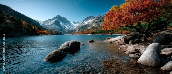 Fototapeta Scenic autumn reflection mountain lake landscape photography tranquil environment wide angle view nature's beauty