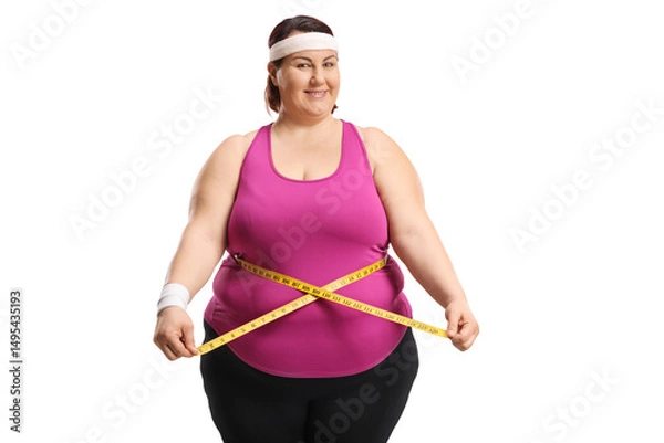 Fototapeta Overweight woman standing and measuring waist with a tape