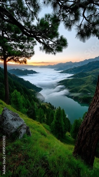 Fototapeta Breathtaking sunrise over misty valley mountain landscape nature photography serene environment panoramic view tranquility