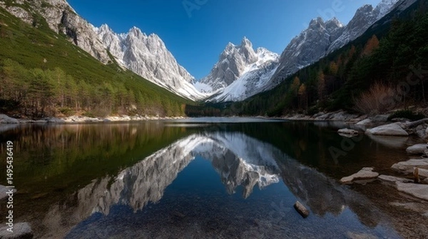 Fototapeta Majestic reflection of mountain peaks over calm lake dolomites nature photography serene environment wide angle tranquility