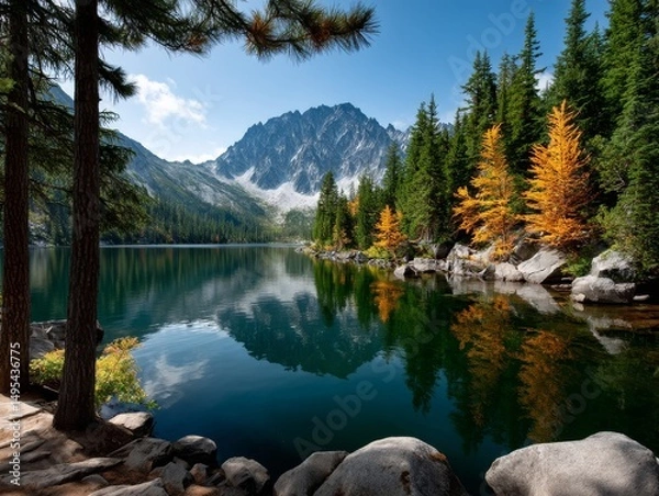 Fototapeta Serene autumn lake reflections cascading mountains nature photography tranquil environment panoramic view scenic beauty