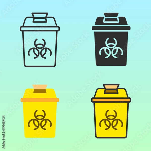 Fototapeta Medical biohazard waste bins in yellow and black, flat icon style. Perfect for hospital safety, waste disposal education, or health campaigns requiring sanitation visuals.