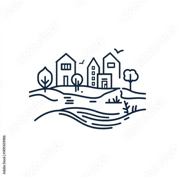 Fototapeta Simple village landscape illustration, rural scene, idyllic background, design element