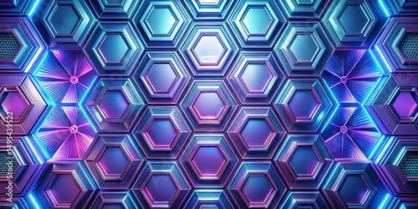 Fototapeta Abstract Hexagonal Metallic Surface with Neon Accents and Glowing Geometric Patterns