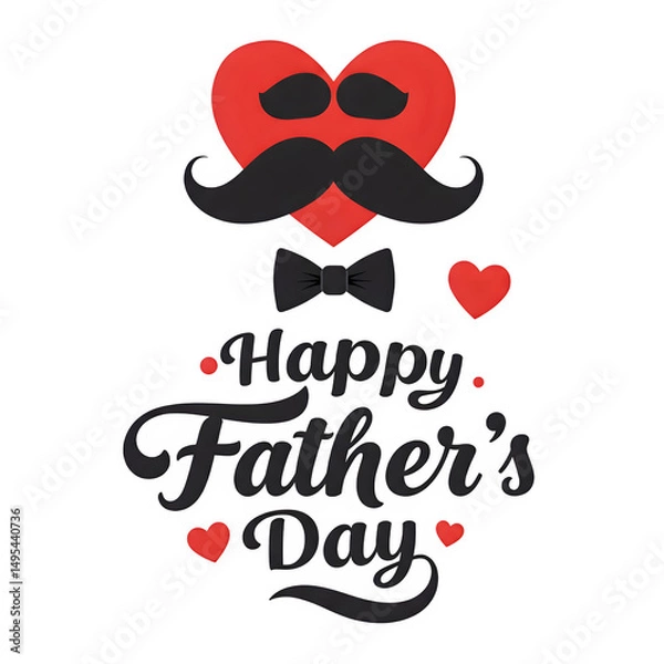Fototapeta Father's Day greeting card with a fun mustache, bow tie, and heart shape. Stylish lettering in vector illustration.
