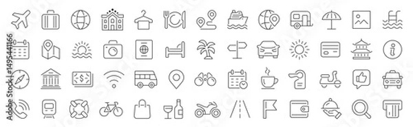 Fototapeta Travel and tourism thin line icons set. Travel icon collection. Editable stroke. Vector