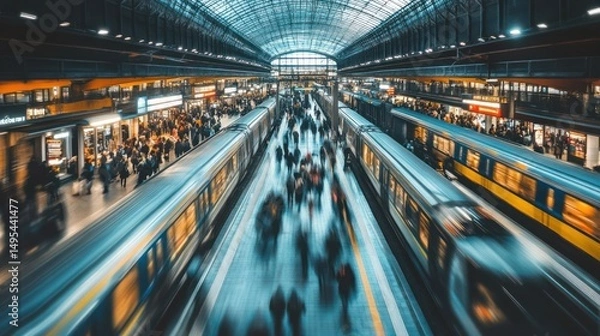 Fototapeta Rush hour at a bustling railway station with blurred motion showcasing urban life