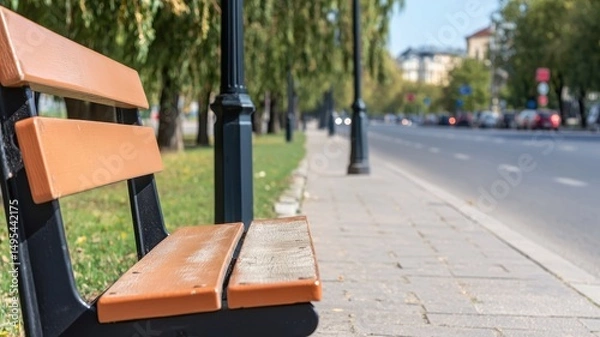 Obraz Vintage weathered bench and lamp post on a street or avenue, captured in high resolution.