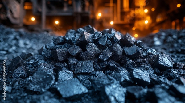 Fototapeta Close-up of raw black coal chunks with rough texture, placed against a blurred industrial background. Dark energy resource concept with blank caption space on the side.