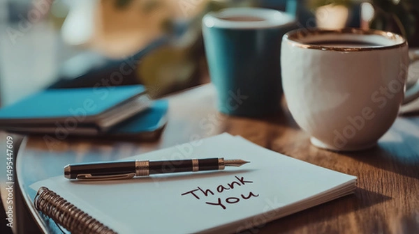 Fototapeta A black and gold pen resting on a handwritten "Thank You" note on a clean white surface. 