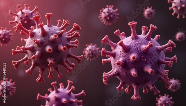 Fototapeta Microscopic view of virus cells in purple and red tones  