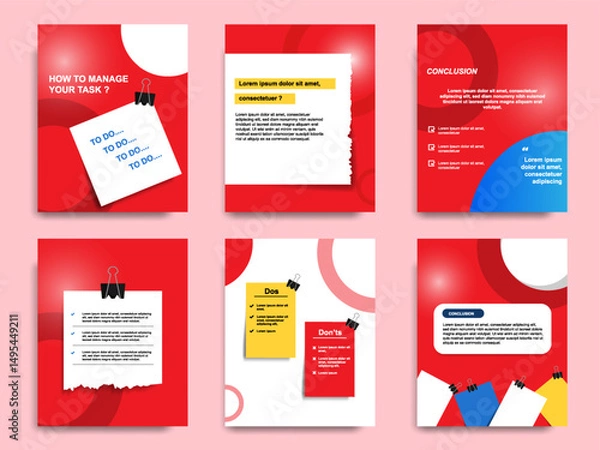 Fototapeta Red social media tutorial, tips, trick, did you know post banner layout template set with sticky paper note clips design element