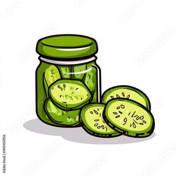 Fototapeta Pickled cucumber slices in jar, kitchen, food preservation