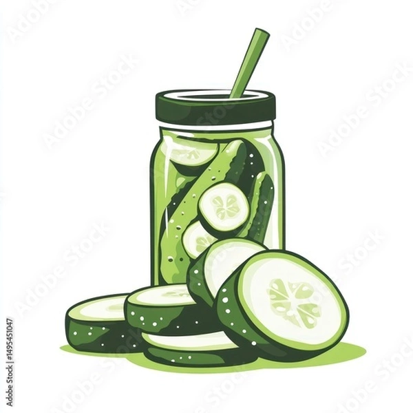 Fototapeta Pickled cucumbers in jar, sliced cucumbers, white background, healthy food