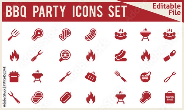 Obraz  Modern BBQ Party Time Vector Icon Set Featuring Solid Style Symbols Including Barbecue Grill, Beef Steak, Grilled Chicken, and Sausage in Filled Pictogram Design