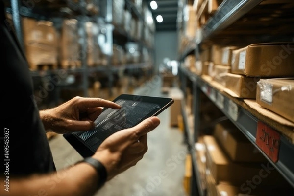 Fototapeta Tablet with RFID tracking in inventory zone