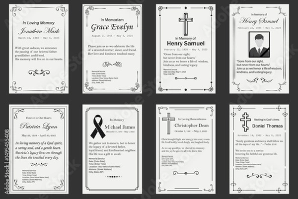 Fototapeta A collection of elegant black and white funeral memorial card templates with decorative borders, religious symbols, and placeholder text. Ideal for remembrance services, memorial programs, and