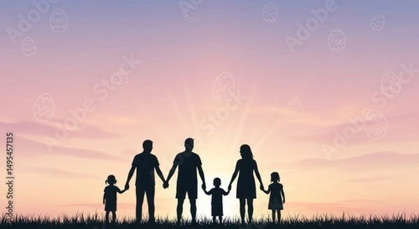 Obraz Joyful easter family silhouette at dreamy sunset with eggs in the sky