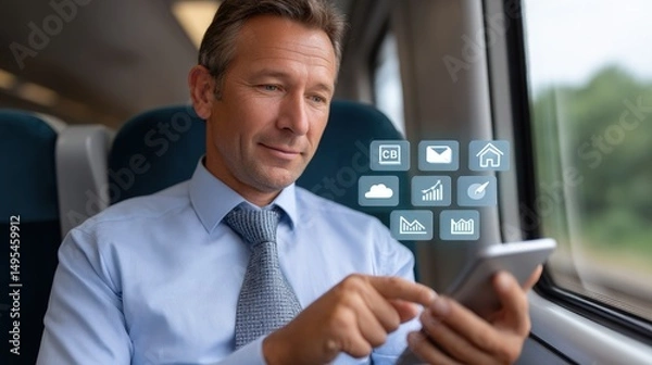 Fototapeta Mobile Business Analytics: Professional Managing Customer Groups on Train Journey