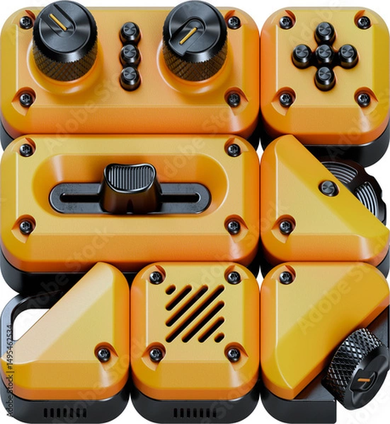 Fototapeta 3D Rendered Letter made of Abstract Gadgets with Analog Knobs, Bolts, and Faders