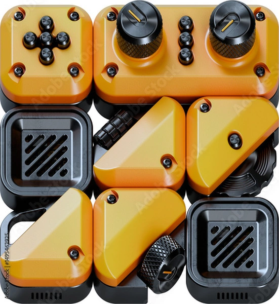 Fototapeta 3D Rendered Letter made of Abstract Gadgets with Analog Knobs, Bolts, and Faders