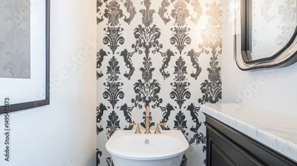 Obraz Elegant powder room featuring a patterned wallpaper.