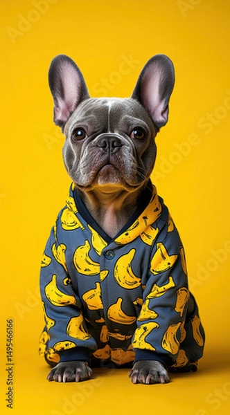 Obraz Cute French Bulldog wearing banana patterned pajamas sits against vibrant yellow background