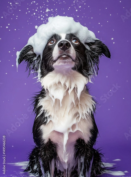 Obraz Black and white border collie dog is covered in shampoo foam against purple background, looking playful