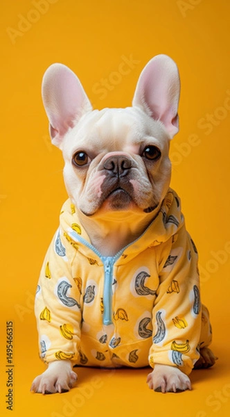 Obraz Cute French Bulldog wearing banana patterned pajamas sits against vibrant yellow background