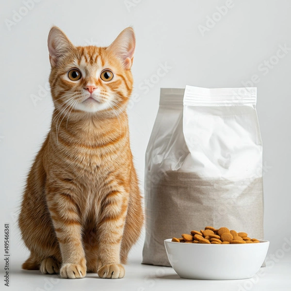 Obraz Cute orange cat sits next to bowl of kibble and bag of pet food