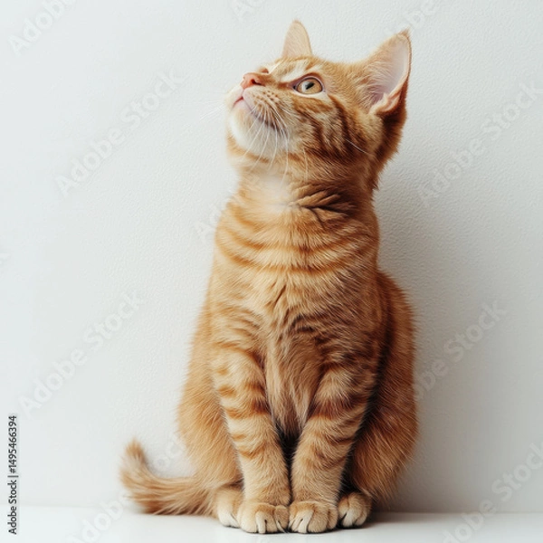 Obraz Cute orange cat sitting on white wall, looking up with curiosity