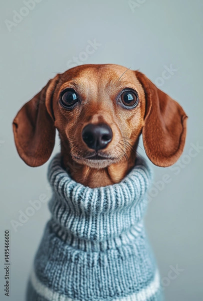 Obraz Dachshund wearing cozy gray sweater looks curiously at camera