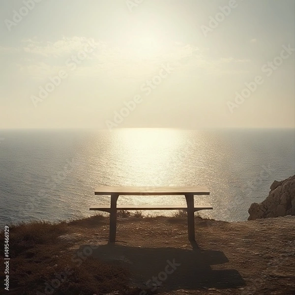Fototapeta Picnic Table on Cliff Overlooking Ocean at Sunset for Peaceful Moment