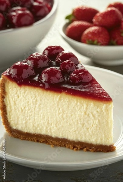 Obraz Slice of New York style cheesecake topped with cherries on white plate, with strawberries in background