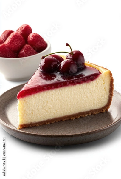 Obraz Slice of New York style cheesecake topped with cherries and bowl of strawberries